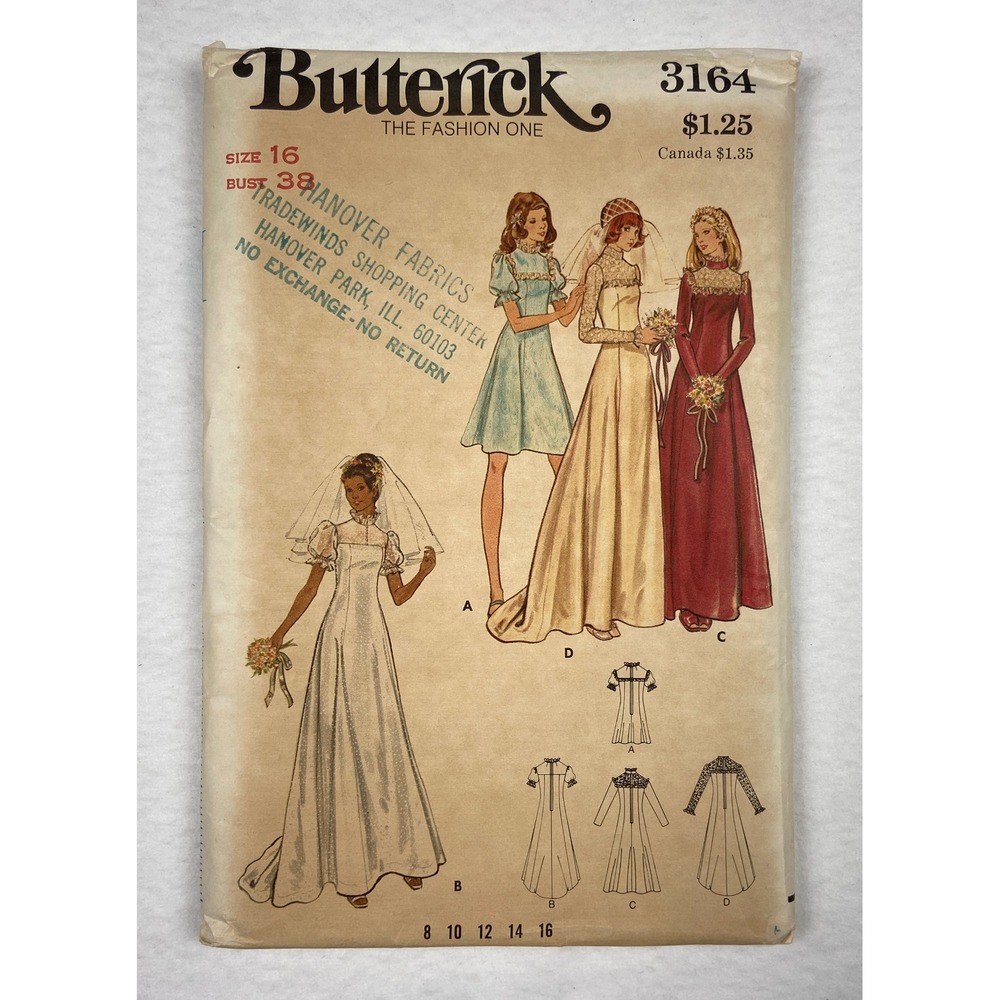 Vintage Butterick 3164 Wedding Dress Pattern Size 16 70s Bridal Gown Bridesmaid